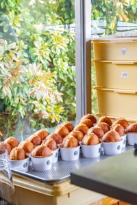 A neatly arranged tray of baked goods, possibly muffins or pastries, sits by a window, with each item placed in individual white paper cups. The background features a lush view of green leaves from the outside, and stacked yellow containers are visible next to the pastries.