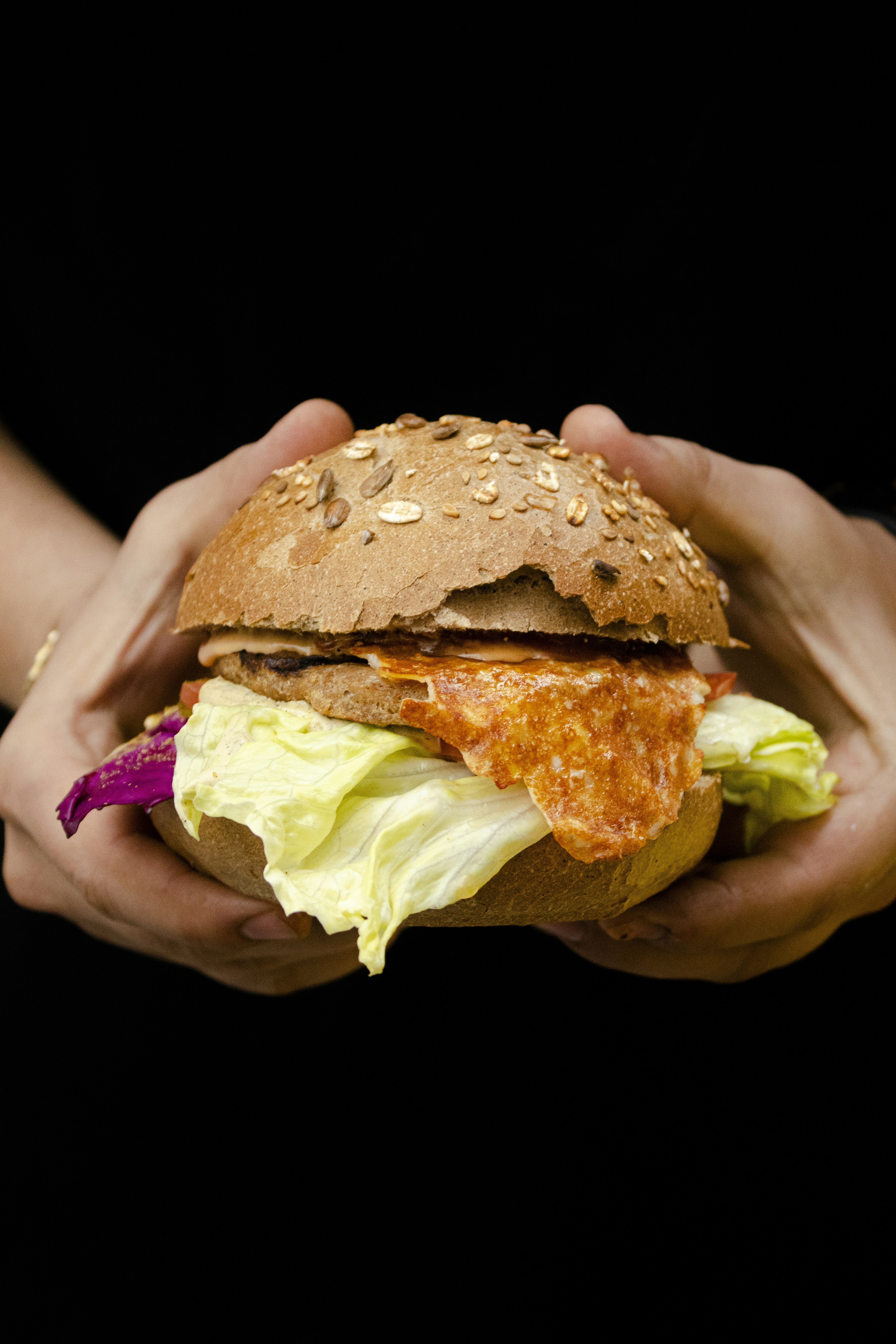 a person holding a sandwich in their hands
