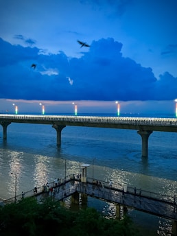 a long bridge over a large body of water