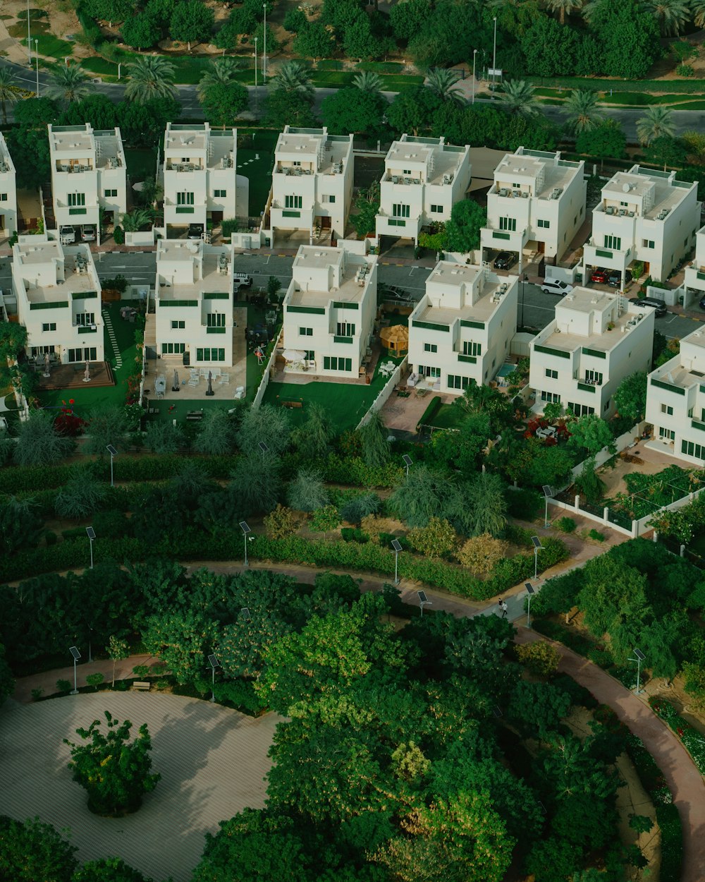 an aerial view of a residential area with many houses