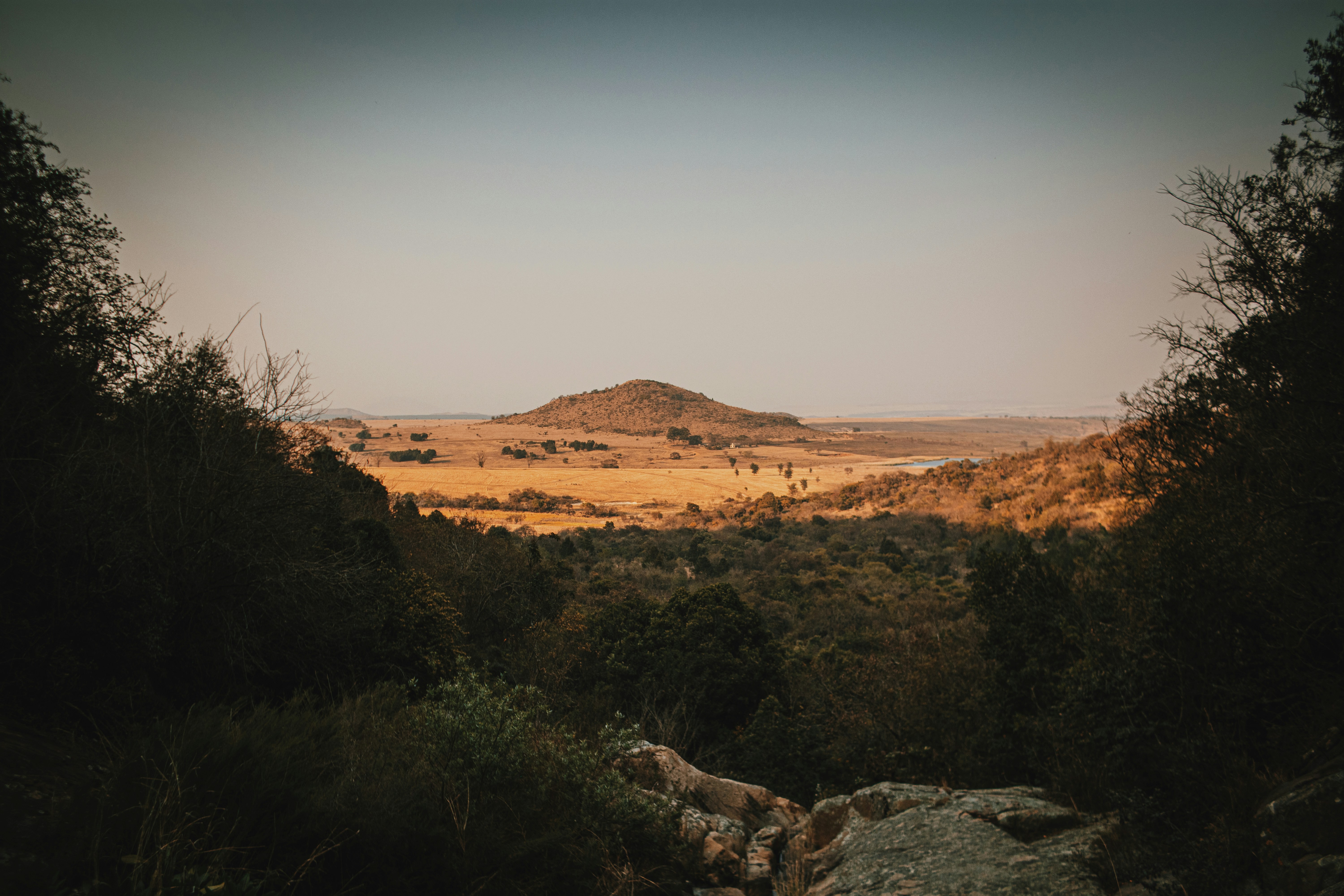 a view of a valley with a mountain in the distance, 