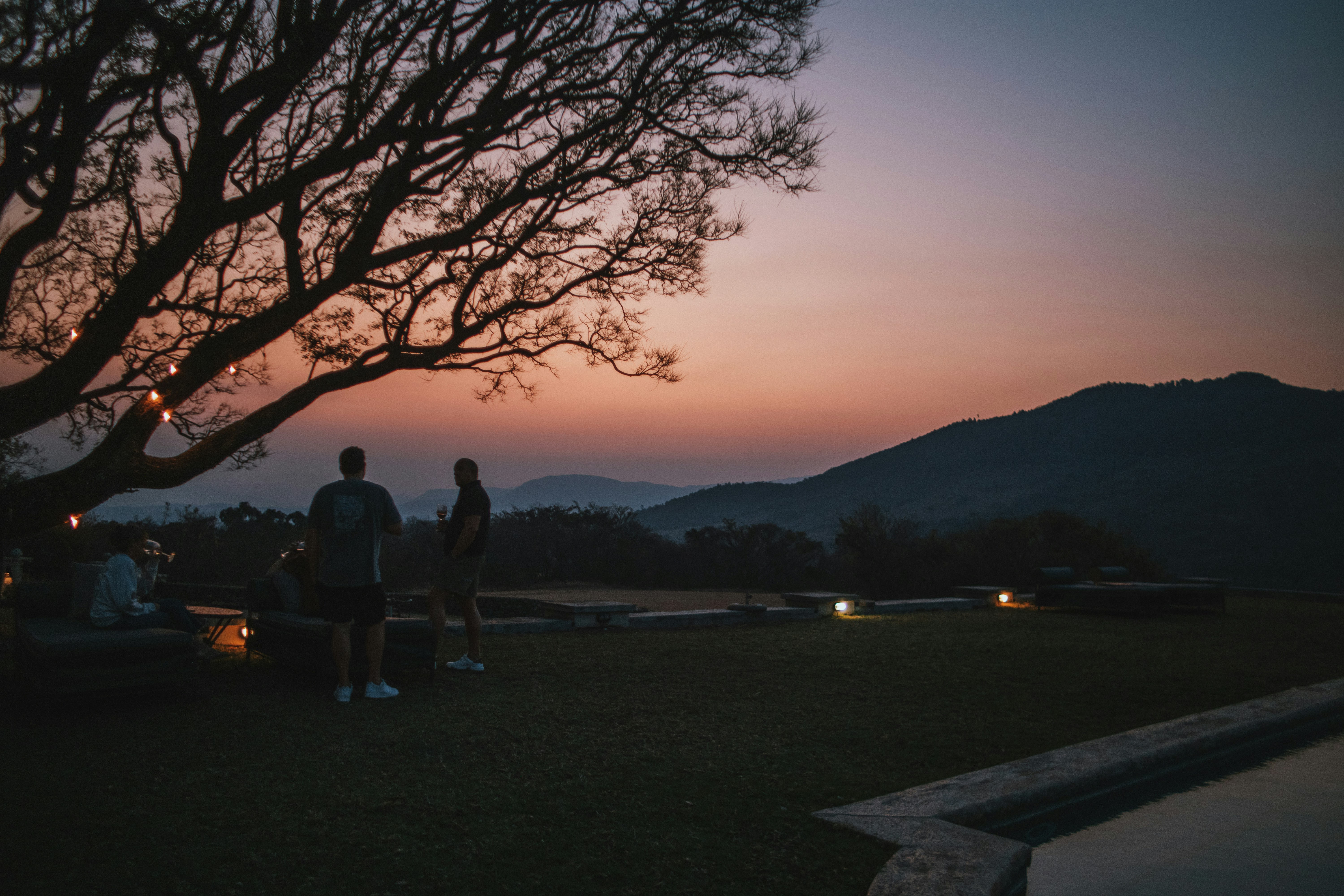 a couple of people standing next to a tree, 