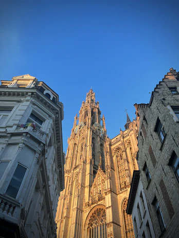 Wide-angle view of La Sagrada Familia’s towering facade bathed in warm afternoon light.
