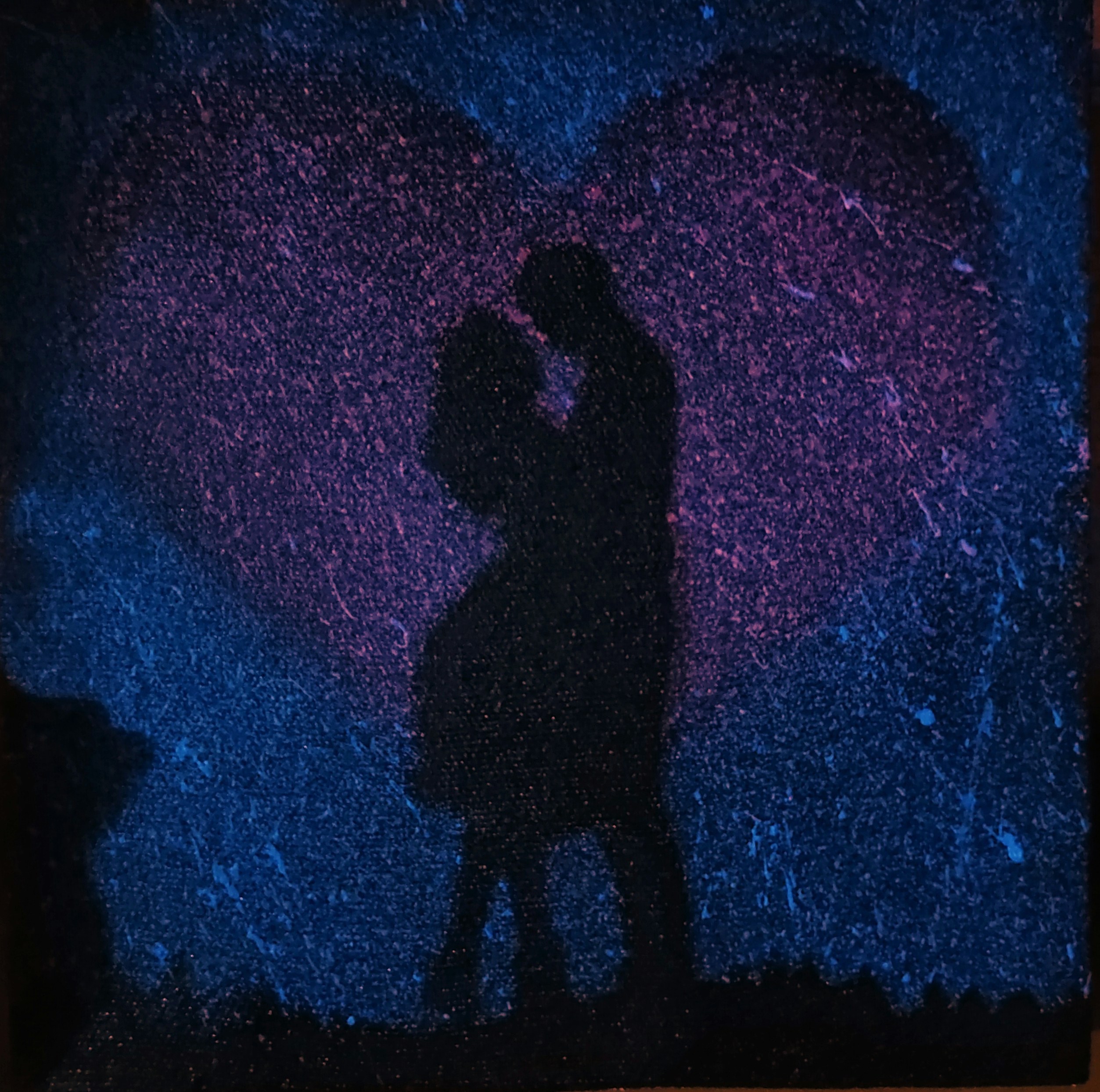 Couple silhouetted against starry night sky, warm ambient light, dark romantic atmosphere