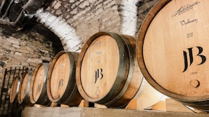 Wooden wine barrels are lined up against a stone wall in a dimly lit cellar. The barrels have logos and inscriptions on them, indicating a winery setting.