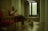 A person is sitting in a red chair holding a phone, with a small white dog lying on the floor beside them. The setting appears to be an indoor space with brick and white walls, wooden floors, and a partially visible green plant near a glass door.
