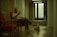 A person is sitting in a red chair holding a phone, with a small white dog lying on the floor beside them. The setting appears to be an indoor space with brick and white walls, wooden floors, and a partially visible green plant near a glass door.
