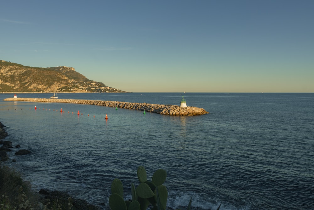 a body of water next to a rocky shore