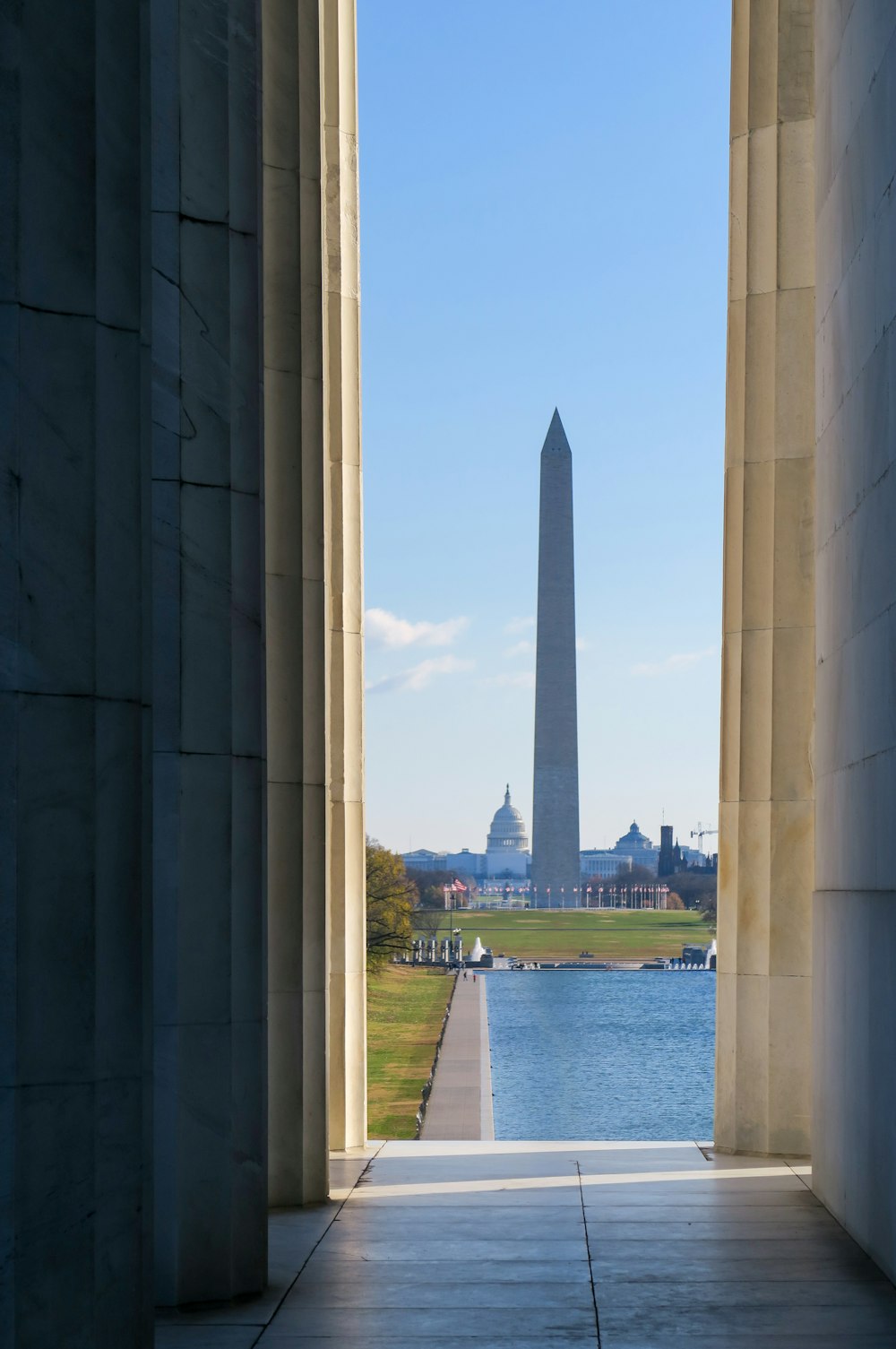 a view of the washington monument from the lincoln memorial