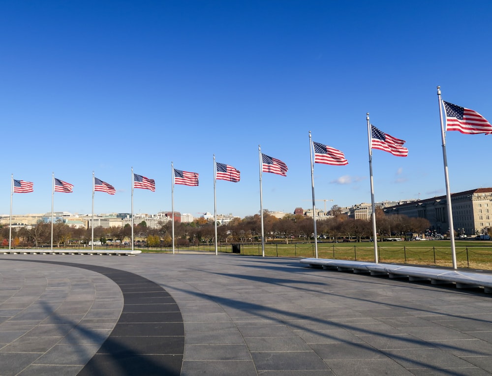 Ein Haufen amerikanischer Flaggen, die in der Luft wehen