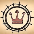 A stylized crown is encircled by a ring of thorns, all set against a beige background. The crown is red with three points, and each point is topped with a cross shape. The thorny ring is black and creates a bold contrast with the softer background.