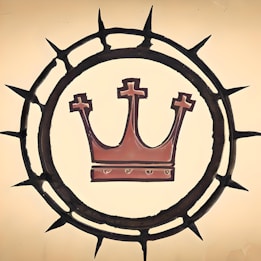 A stylized crown is encircled by a ring of thorns, all set against a beige background. The crown is red with three points, and each point is topped with a cross shape. The thorny ring is black and creates a bold contrast with the softer background.