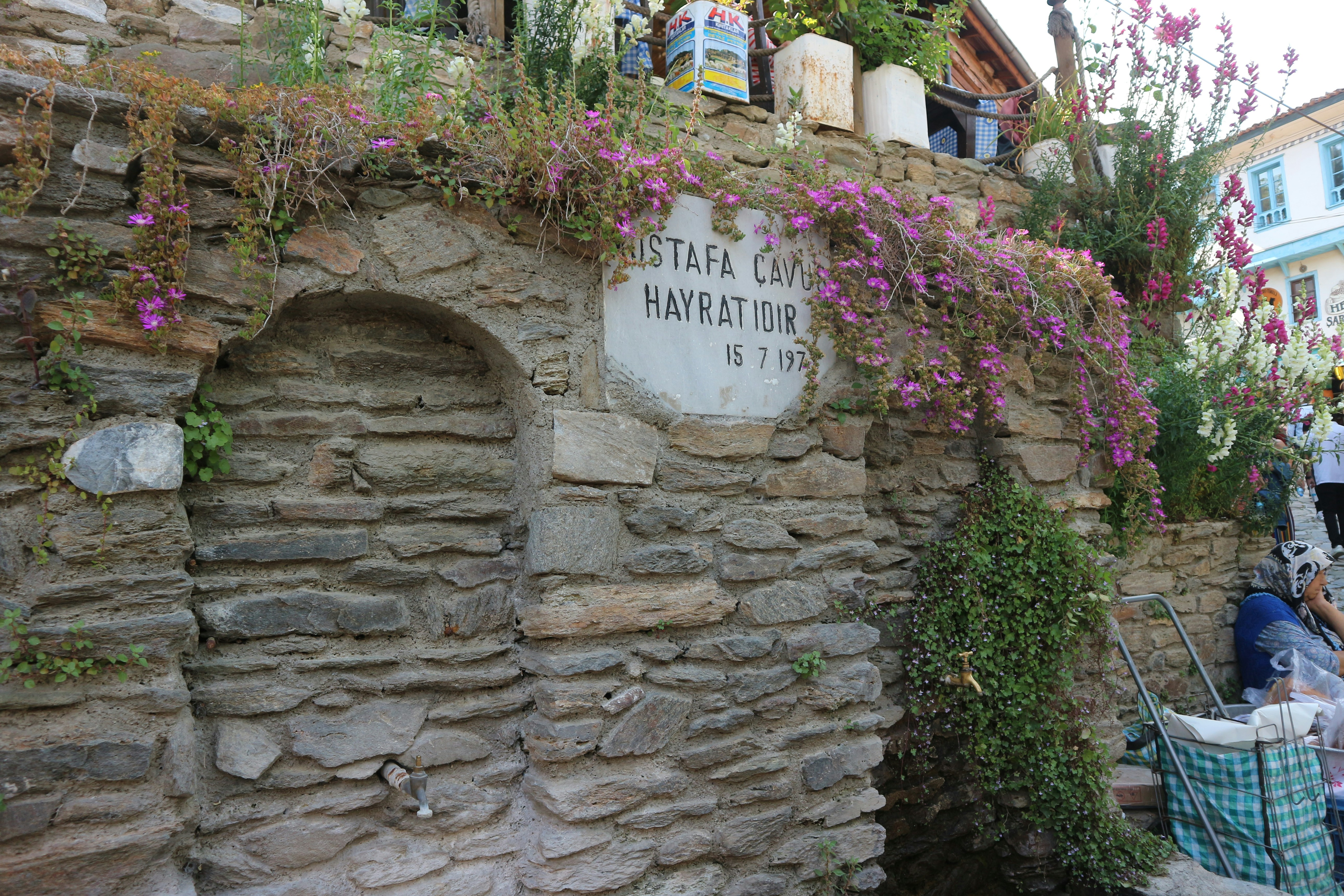 a stone wall with flowers growing on it