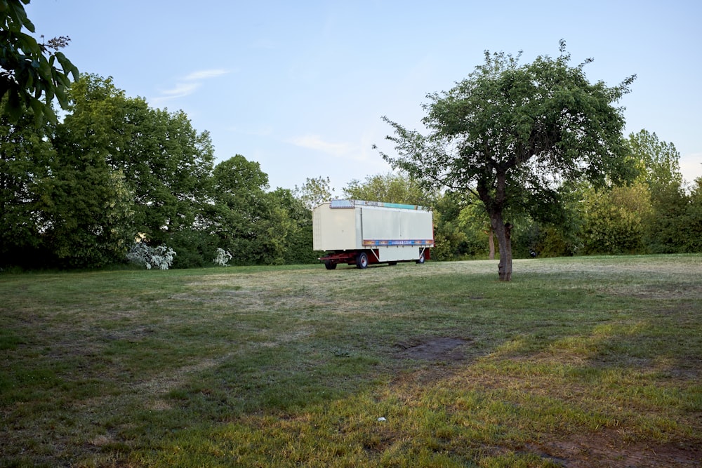 a truck parked in a field next to a tree