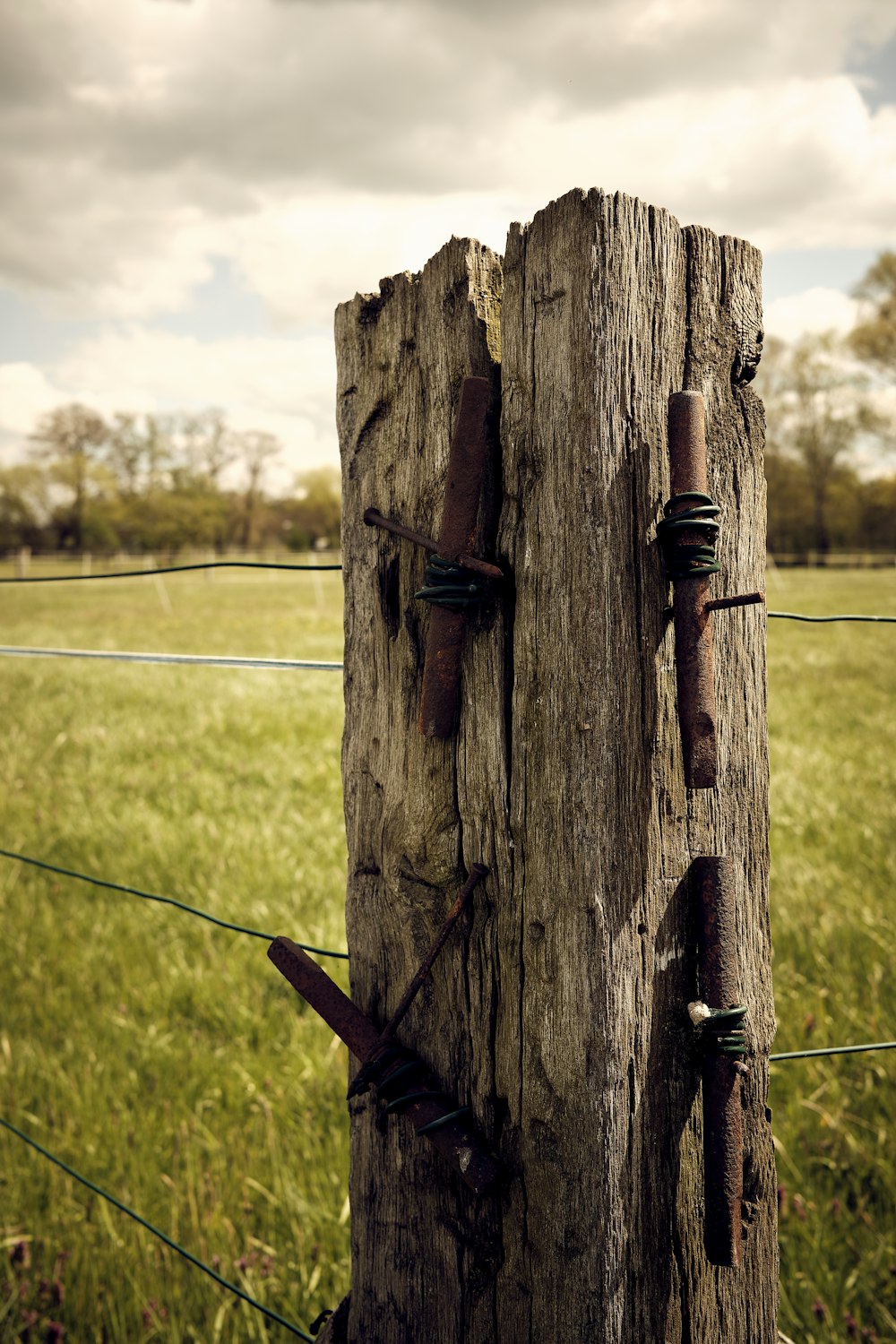 a wooden post with a barbed wire fence in the background