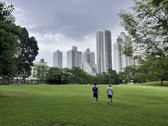 a couple of people standing on top of a lush green field