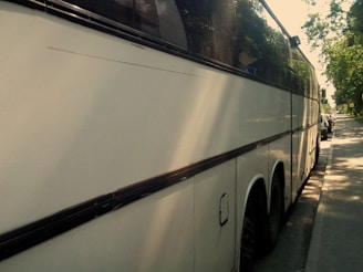 A large white coach bus parked on the side of a street on a sunny day, with trees casting shadows on the pavement and part of the vehicle. The bus has tinted windows and is in close proximity to other parked cars along the street.