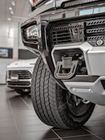 A close-up of heavy-duty trailer parts on display.
