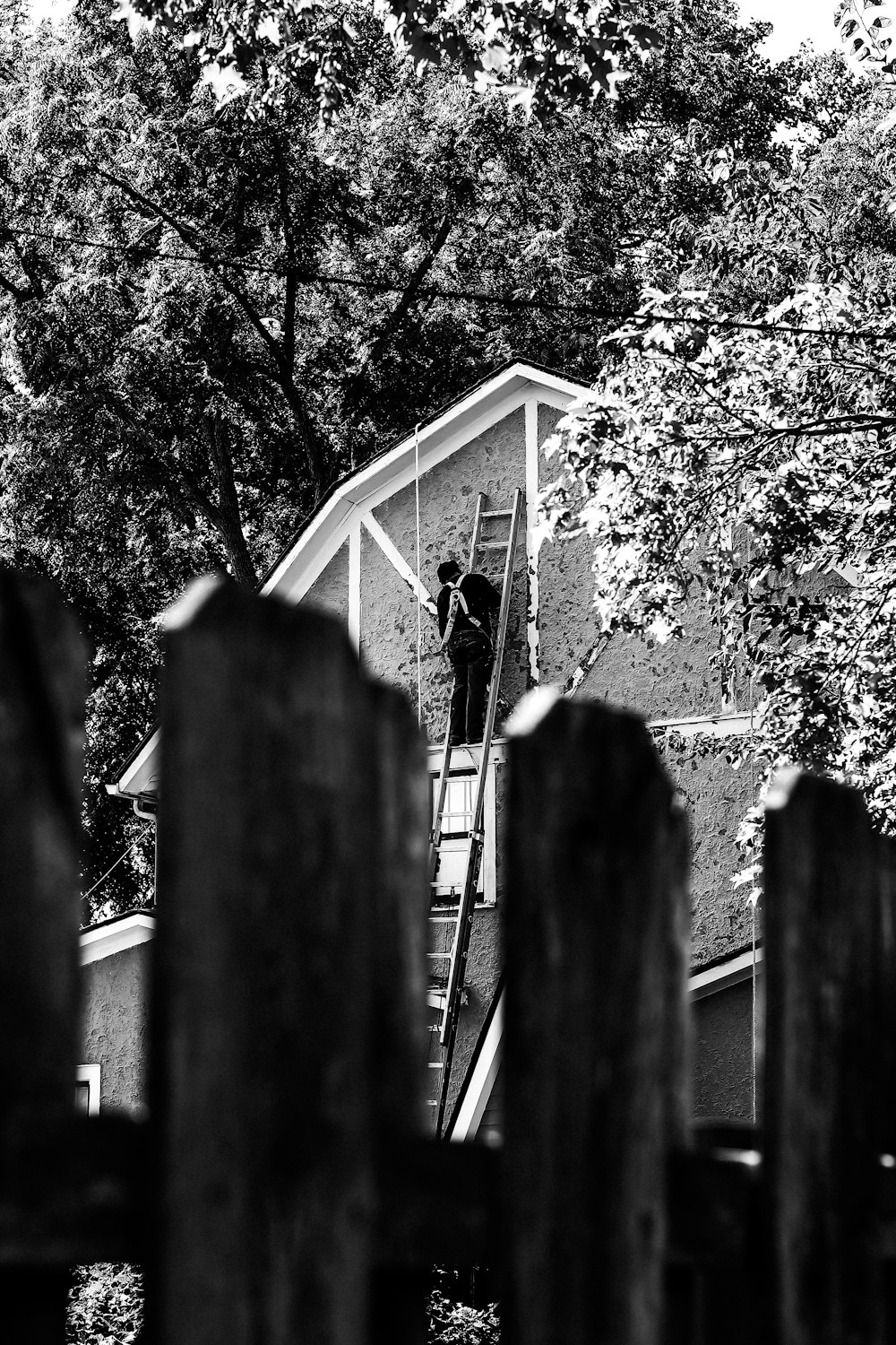 a man climbing a ladder up a wooden fence