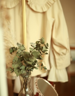 A cozy scene featuring a glass vase filled with eucalyptus branches placed in front of a beige, ruffled blouse hanging on a gold-framed hanger. A small, ornate mirror with intricate detailing is partially visible. The setting conveys a vintage, elegant atmosphere.
