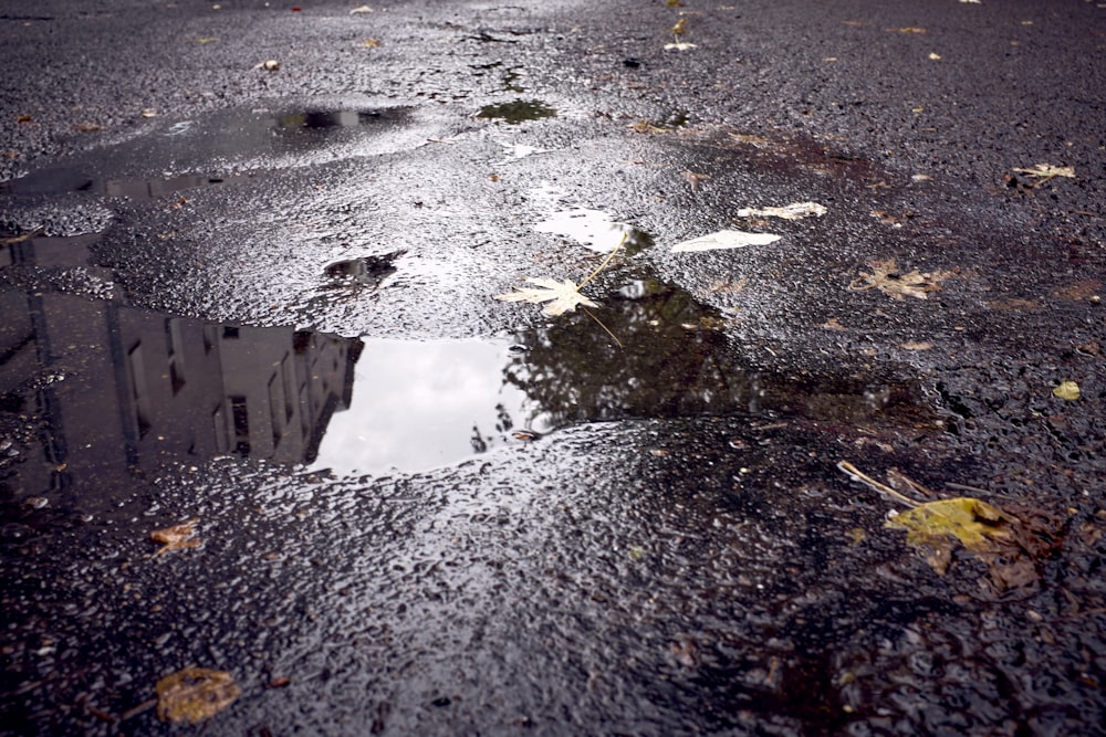 une rue avec une flaque d’eau dessus