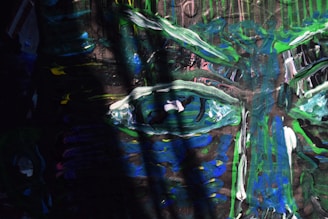Close-up of a trippy, abstract cartoon eye with swirling patterns and dark hues.