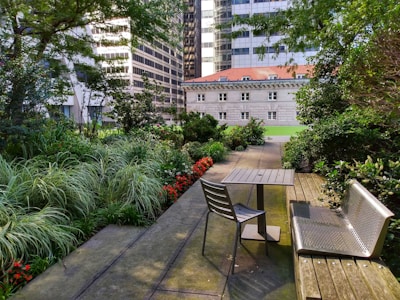 Backyard garden with patio and seating area in townhouse.