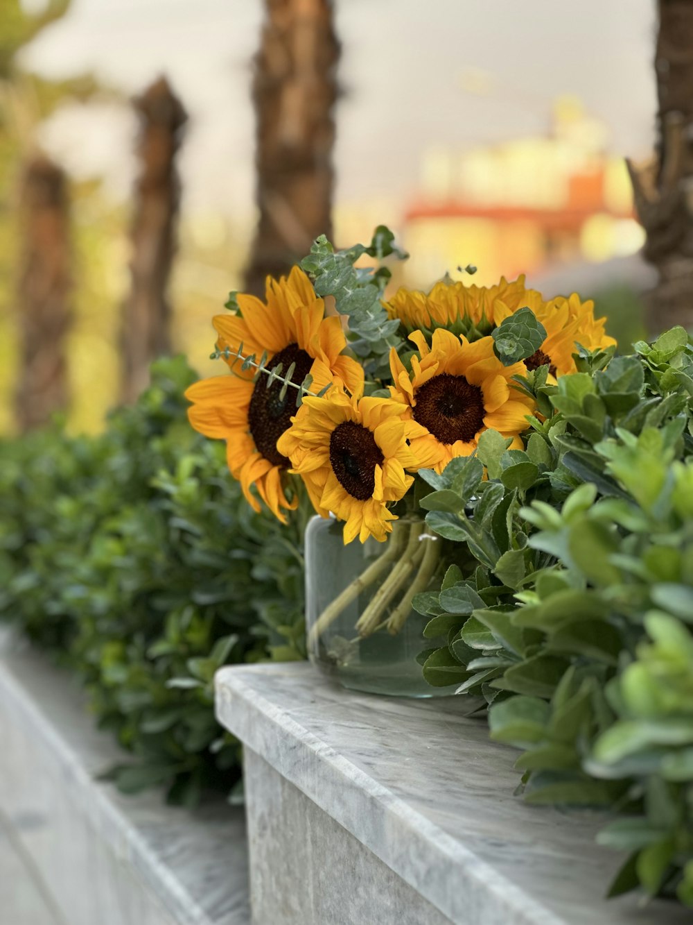 a vase filled with sunflowers sitting on a ledge