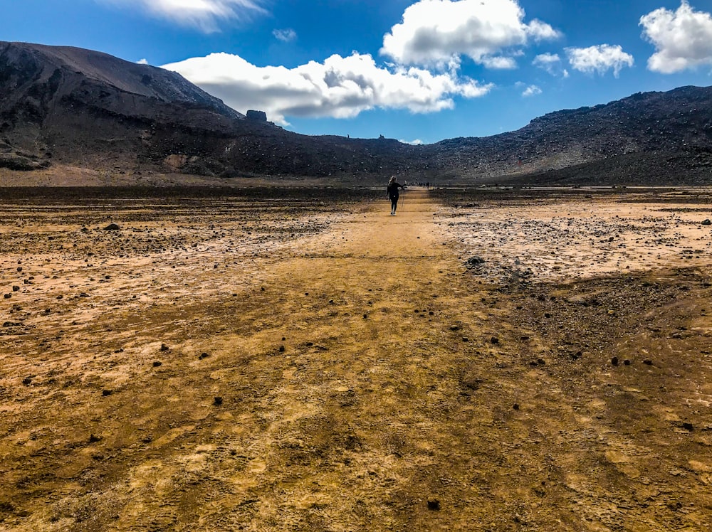 a person walking down a dirt road with mountains in the background