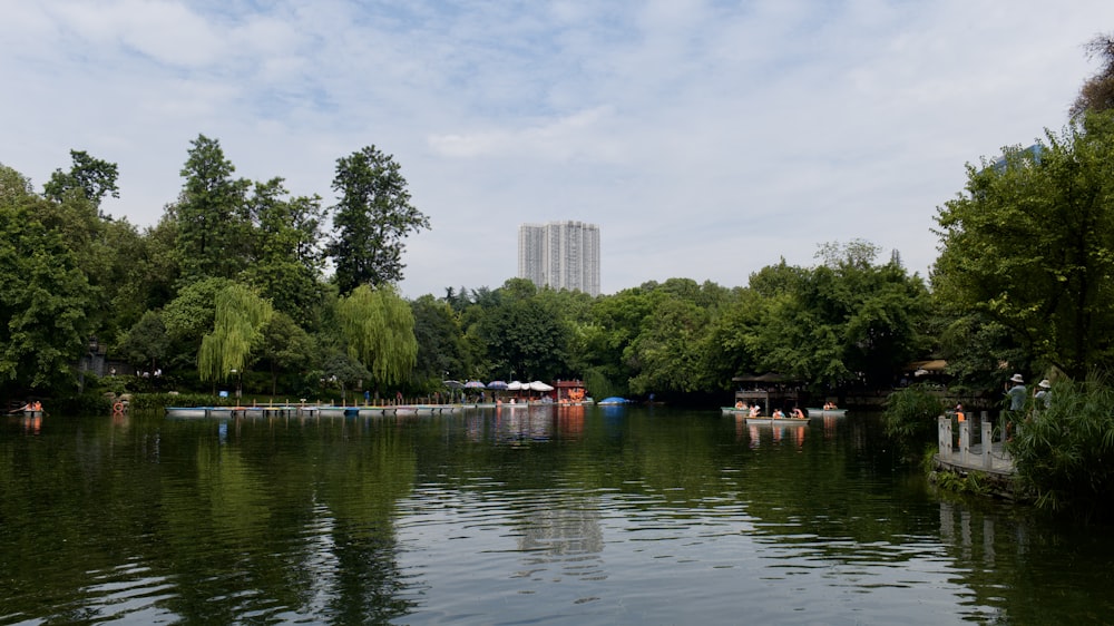 a body of water surrounded by trees and buildings