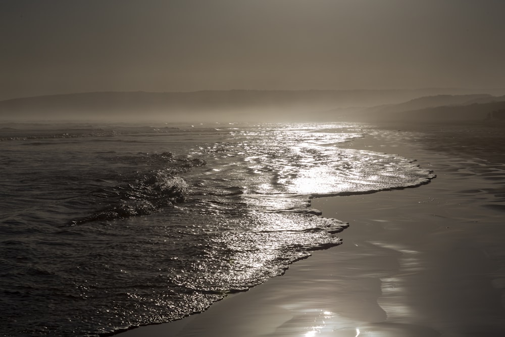 a black and white photo of a beach