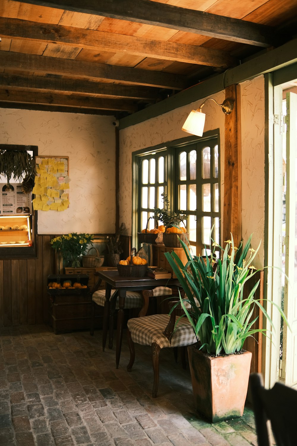 a room with a table, chairs and a potted plant