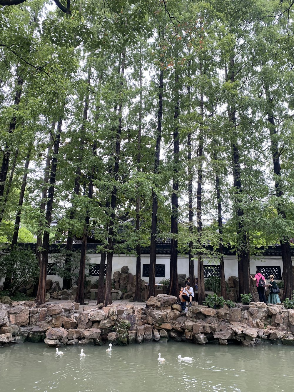 a group of people sitting on a rock wall next to a body of water