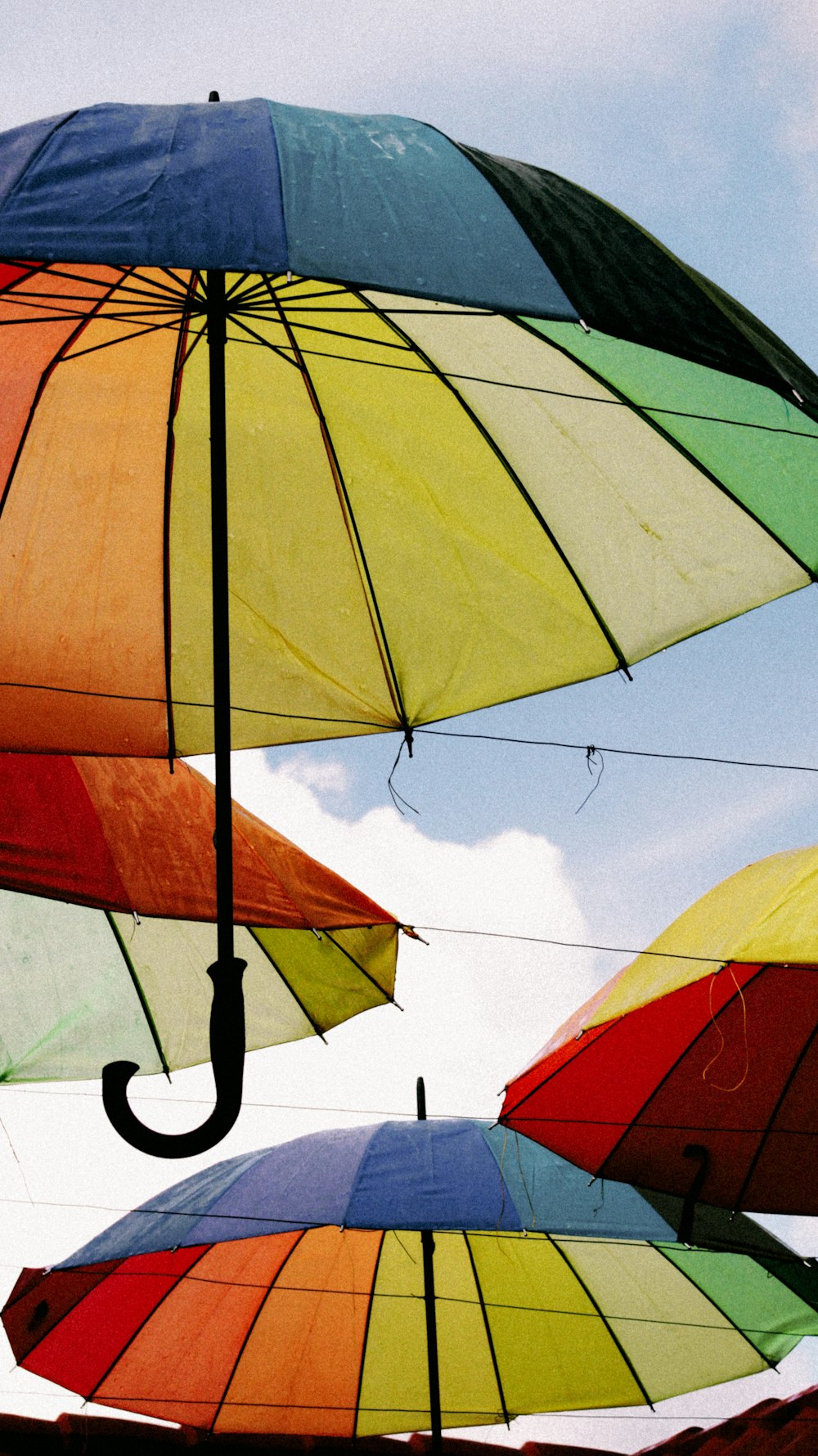 a group of multicolored umbrellas hanging in the air
