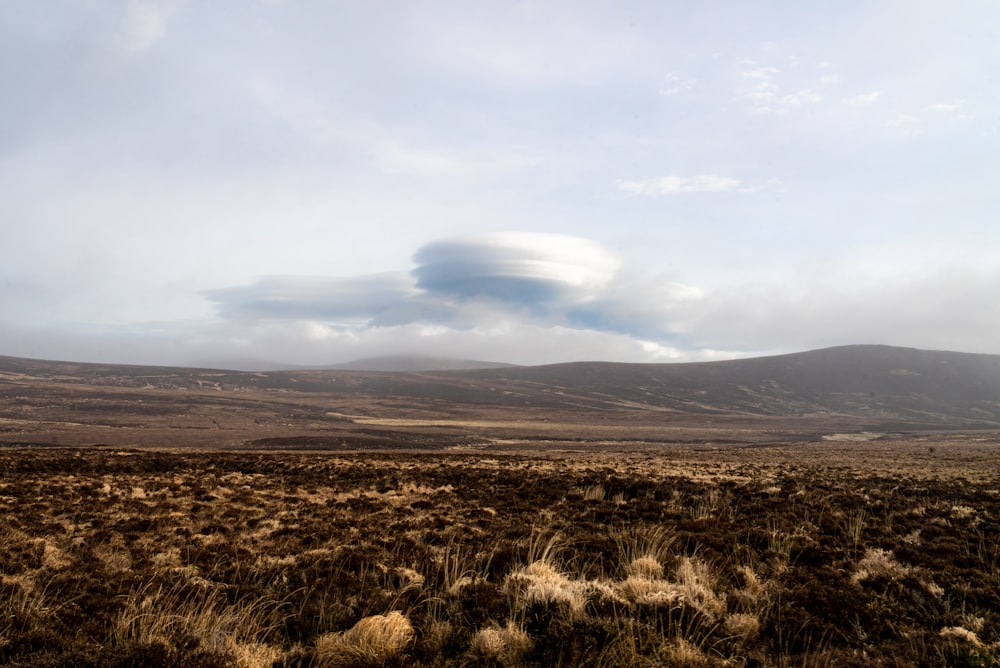 a large cloud is in the sky over a field