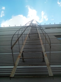 A metal ladder ascends along the side of a corrugated building wall against a bright blue sky. The ladder's rusted metal and curved safety cage create a sense of height and industrial strength.