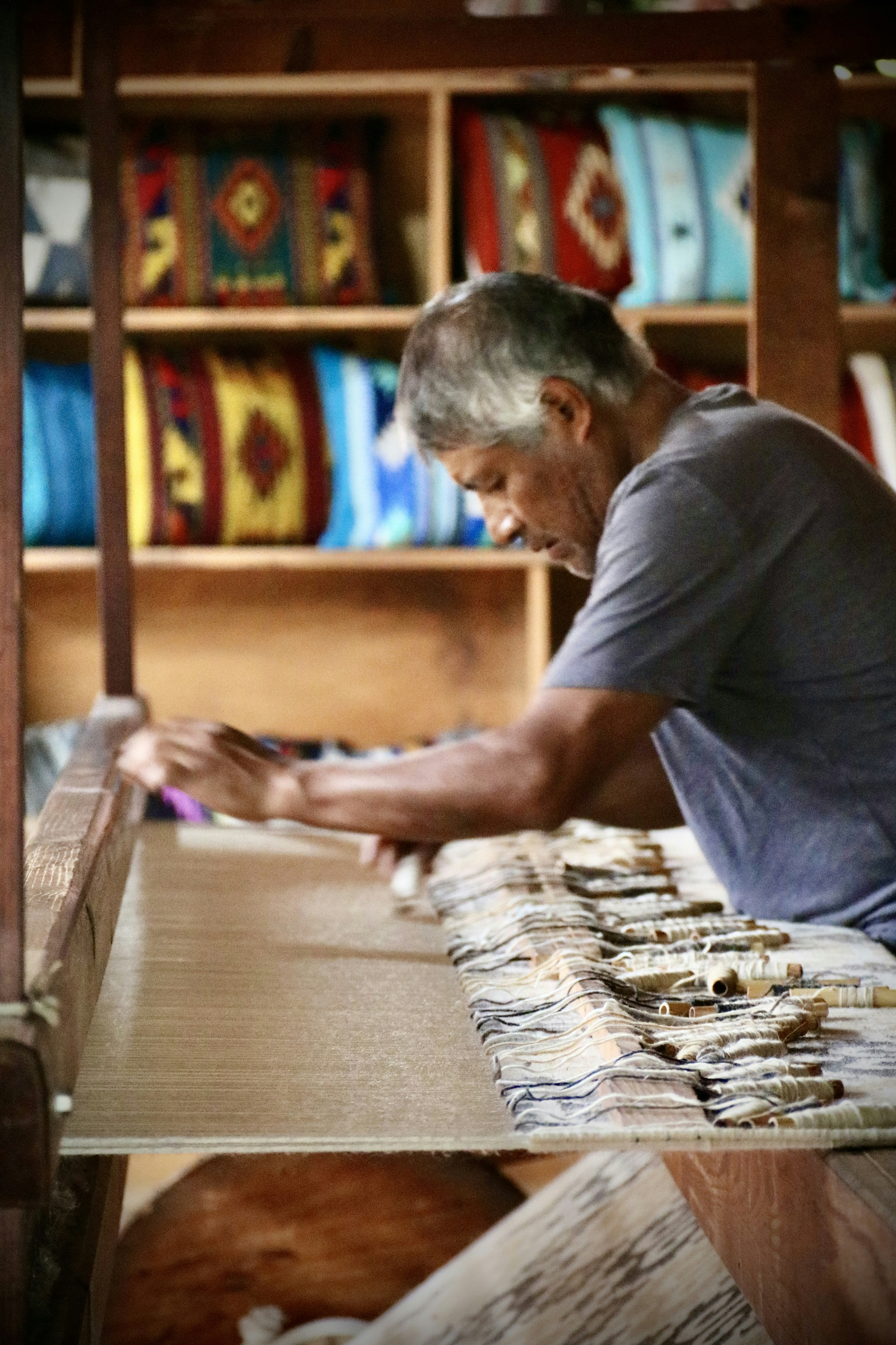 A weaver at work at his loom in Teotitlán del Valle