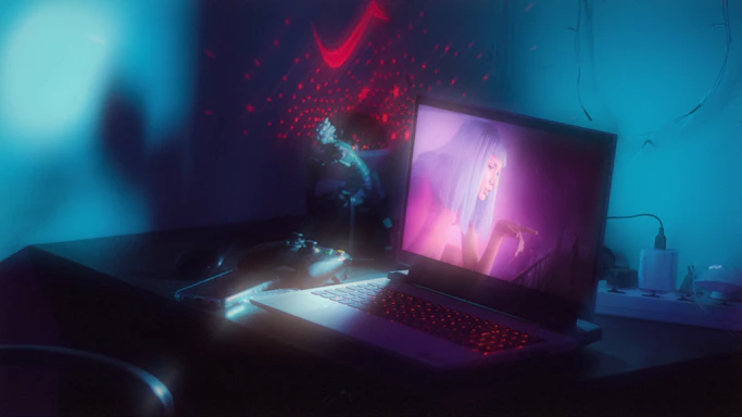 A cozy workspace with neon pink and cyan lights illuminating a game developer's desk.