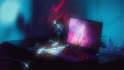 Stylish geek apparel laid out with neon-lit gaming accessories on a dark background