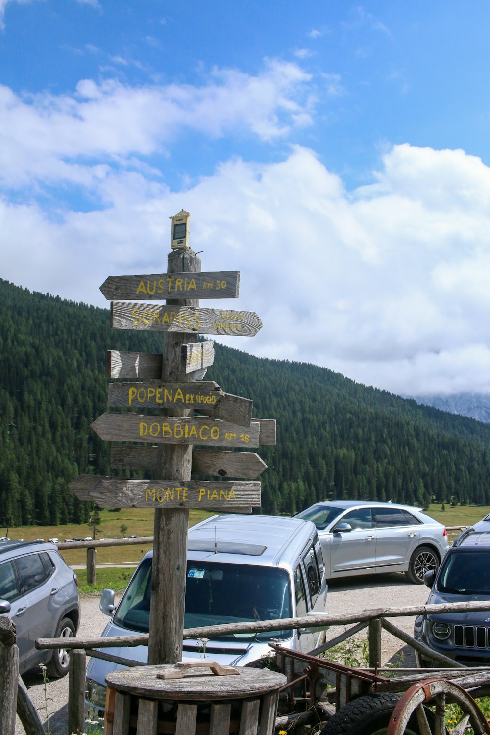 a wooden sign pointing to different directions in a parking lot