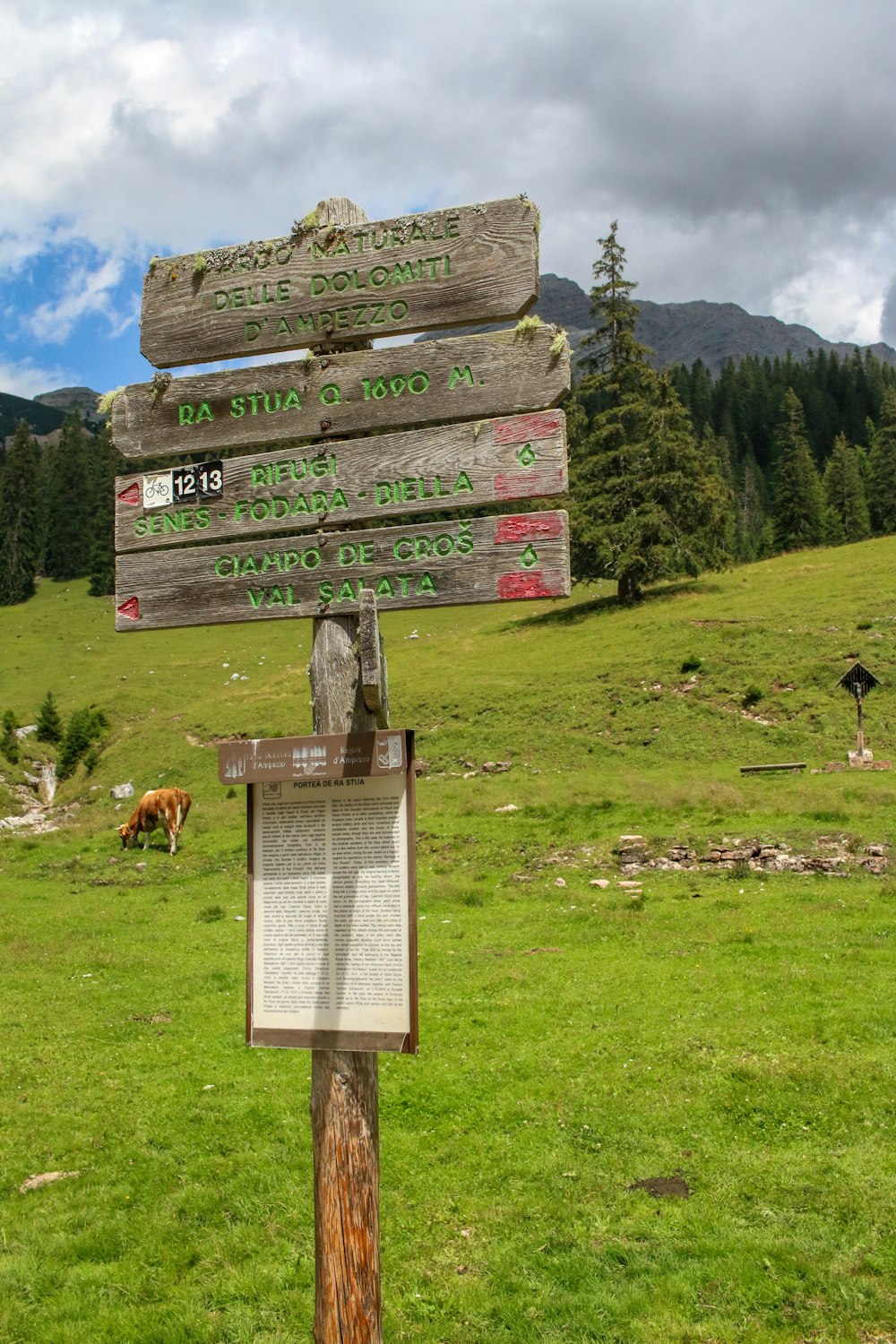 a wooden sign in the middle of a grassy field