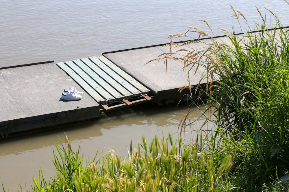 a pair of shoes sitting on a dock next to a body of water