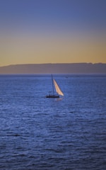 A sleek trimaran equipped with solar panels and sails, gliding near a serene coastline during sunset.