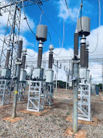 Modern electrical substation with transformers and power lines under a clear sky.
