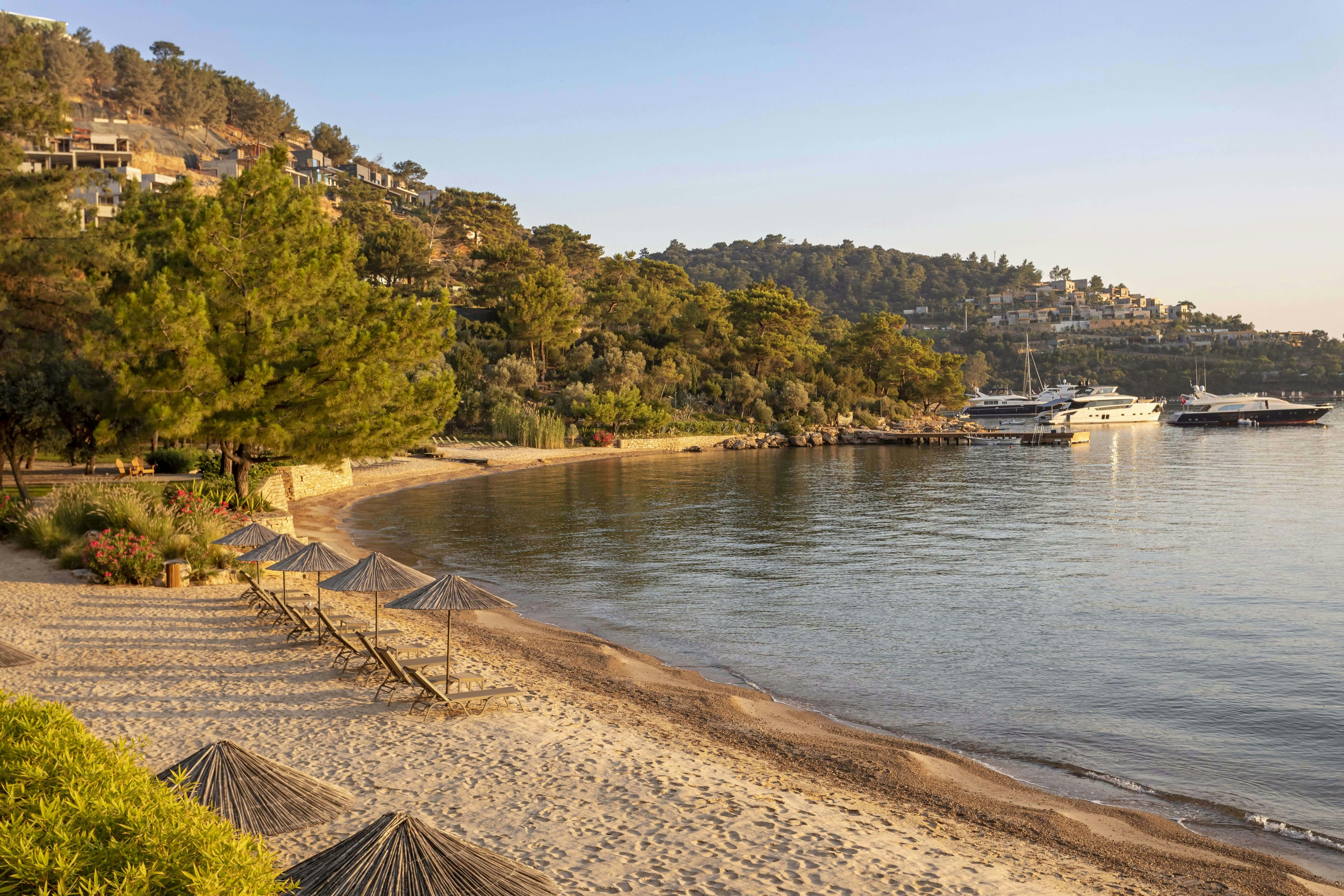 a sandy beach with umbrellas and boats on the water