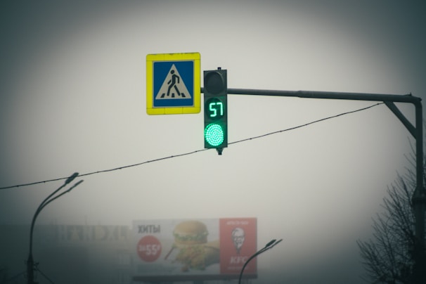 A traffic light is displaying a green signal with a digital countdown showing 57 seconds. Adjacent to the traffic light is a pedestrian crossing sign with a stylized figure walking. In the background, faint outlines of advertisements and structures are visible through the foggy atmosphere, indicating an urban setting.
