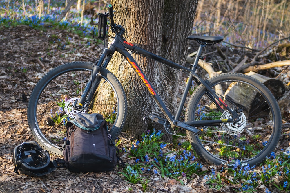 a bicycle parked next to a tree in the woods