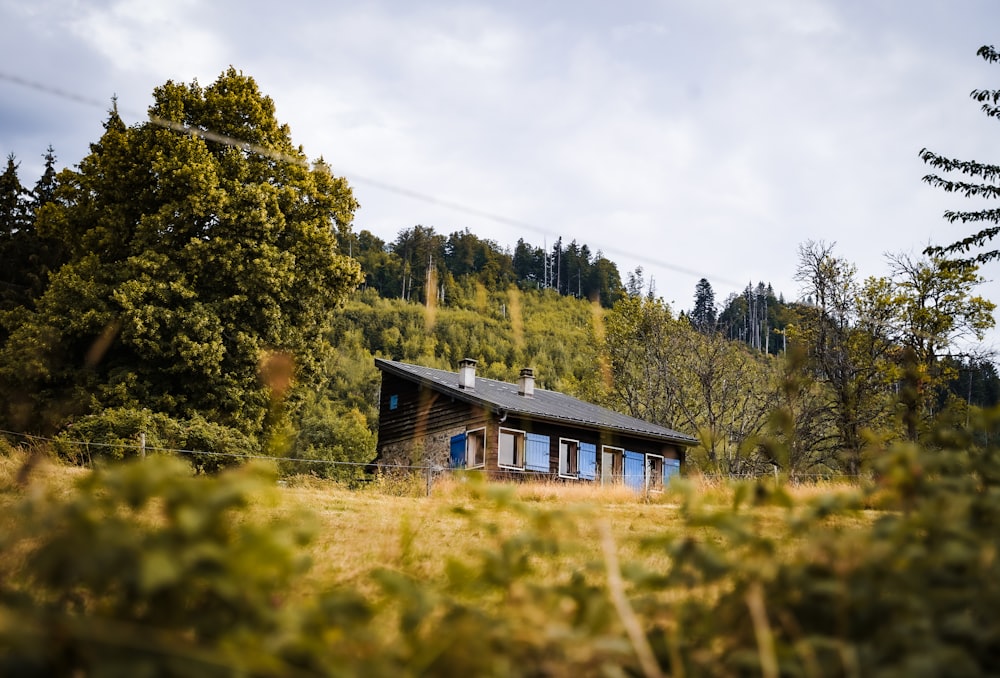 a cabin in a field with trees in the background