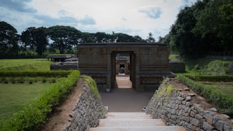 An ancient stone structure surrounded by lush greenery.