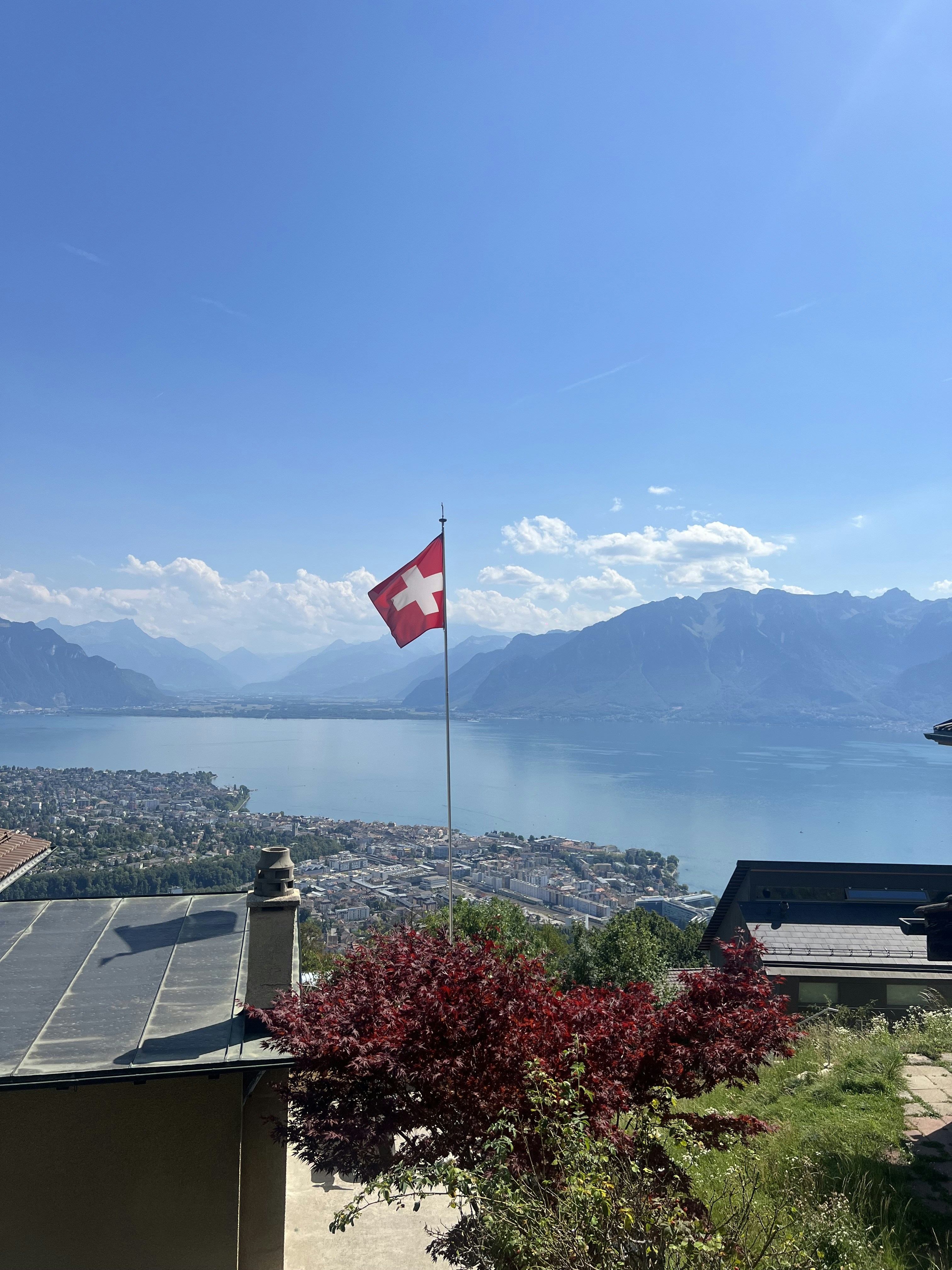 a flag flying on top of a building next to a lake